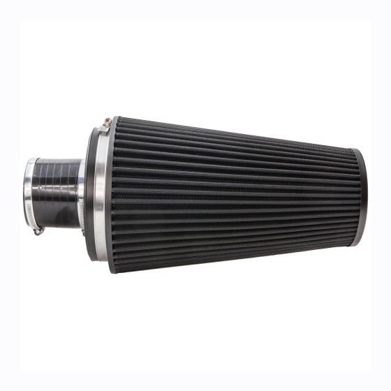 Black cone-shaped air filter with a textured surface, featuring a shiny metal velocity stack and a silicone coupler, measuring 300mm in length and 102mm in diameter.