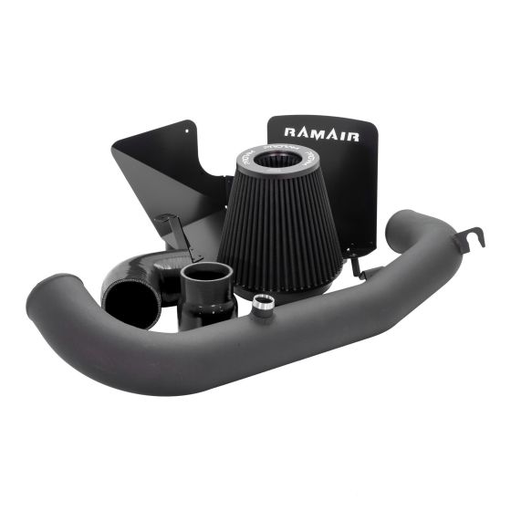 RamAir PRORAM Performance Induction Kit featuring black silicone hoses, a conical air filter, and a metal heat shield, designed for enhanced engine airflow and performance.