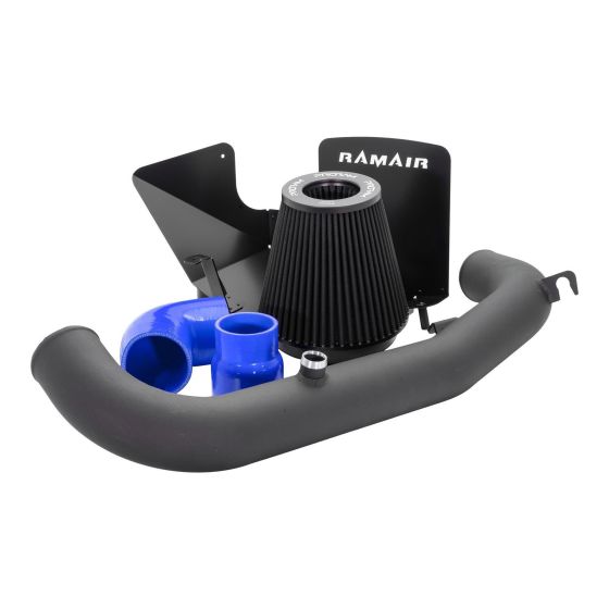 Blue silicone hoses and a black performance air filter with a metal heat shield, designed for enhanced engine induction, featuring a sleek, durable construction.