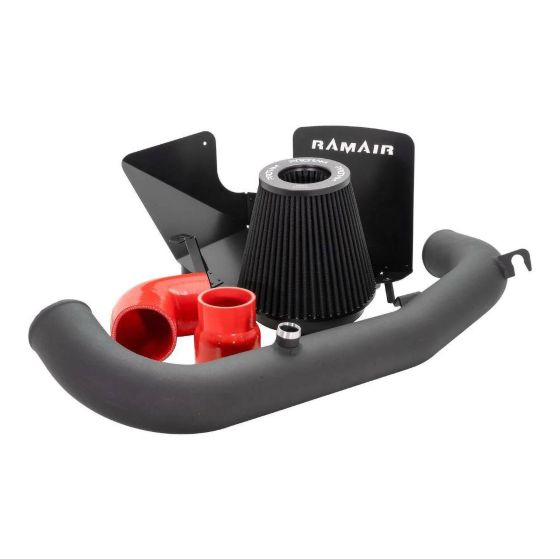 RamAir PRORAM Performance Induction Kit featuring a black air filter, red silicone hoses, and a sturdy mounting bracket, designed for enhanced engine performance.