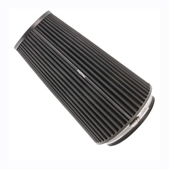 Black multi-fit cone air filter with a ribbed design, featuring a metal base and adjustable clamp, designed to fit a 300mm velocity stack.