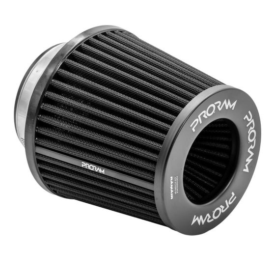 Black rubber air filter cone with a textured surface, featuring a silver metal base and the "ProRam" logo prominently displayed in white.