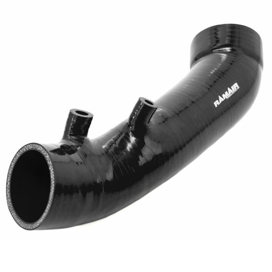 Black silicone intake hose with a smooth finish, featuring two inlet ports and the "RamAir" logo prominently displayed in white.