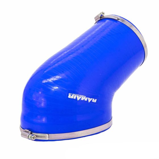 Blue silicone intake hose with a smooth finish, featuring a 90-degree bend and metal clamps for secure attachment, branded with the RamAir logo.