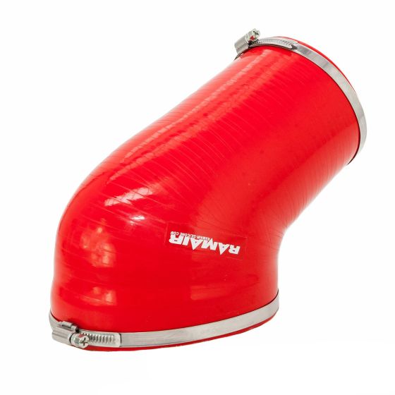 Red silicone intake hose with a curved design, featuring metal clamps at both ends and the "RamAir" logo prominently displayed.