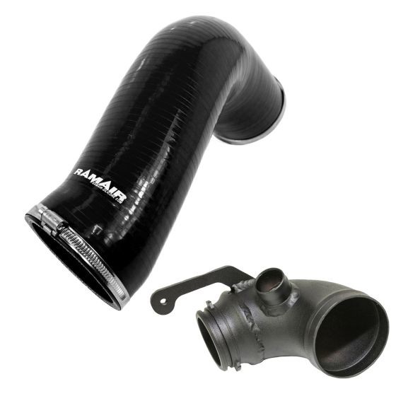 Black silicone intake hose with a turbo elbow, featuring a smooth finish and a metal clamp, designed for enhanced airflow in automotive applications.