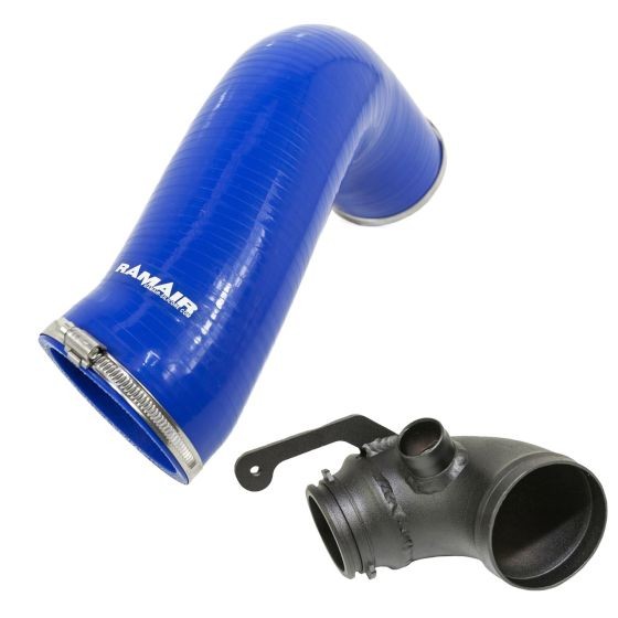 Blue silicone intake hose with a turbo elbow, featuring a smooth finish and metal clamp, designed for enhanced airflow in automotive applications.