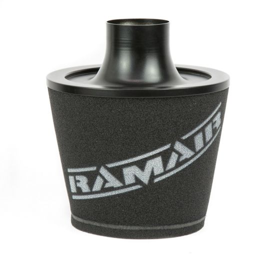 Black alloy neck cone air filter with a large cone shape, featuring a textured surface and the "RamAir" logo in silver on the side, designed for 60mm fittings.