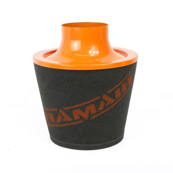 Orange alloy neck cone air filter with a black foam body, featuring the "RamAir" logo in orange, designed for universal fit with a 70mm inlet diameter.