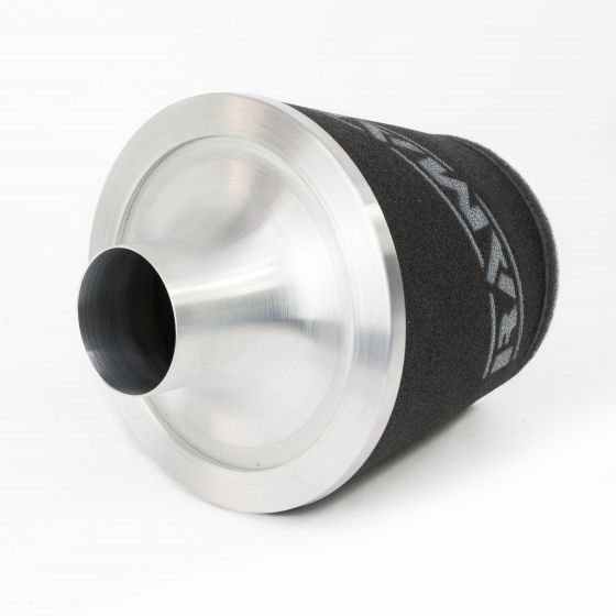 Silver alloy neck cone air filter with a medium cone shape, featuring a black foam outer layer and the RamAir logo, designed for enhanced airflow and performance.