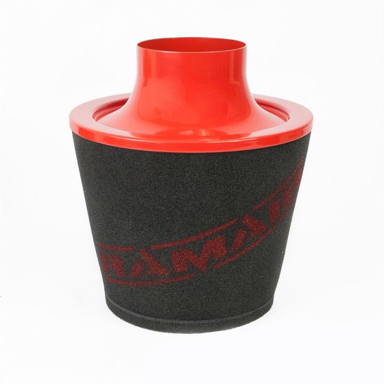 Red alloy neck cone air filter with a black foam body and silicone coupler, featuring a prominent RamAir logo, designed for high airflow and performance.