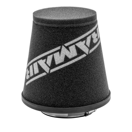 Black rubber air filter cone with a tapered design, featuring a silver RamAir logo and a metal clamp for secure attachment, measuring 146-196mm in diameter and 173mm in length.