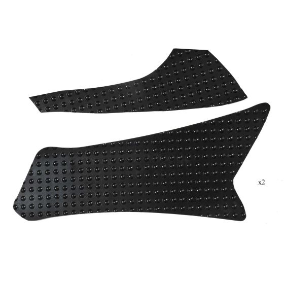 Black motorcycle tank traction grips featuring a textured surface with raised dots, designed for improved grip and control, sold as a two-grip kit.