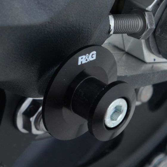 Black R&G M6 elevation paddock stand bobbin made of durable material, featuring a 6mm bolt and a sleek design with the R&G logo prominently displayed.