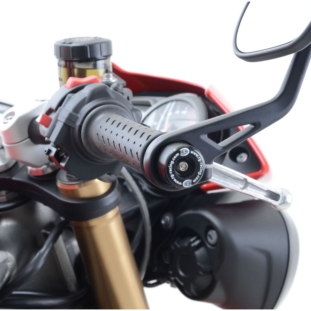 Black R&G Motorcycle Bar End Sliders with a sleek design, featuring a durable material and a prominent logo on the end, mounted on a motorcycle handlebar.