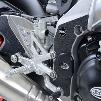 Black R&G Motorcycle Boot Guard Kit featuring a textured grip surface, designed for frame and swingarm protection, with prominent R&G branding on the protective covers.