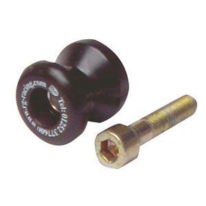 Black cotton reels made of durable material, featuring a smooth rounded design and a gold-colored hex bolt for secure attachment, labeled with "rg-racing.com."