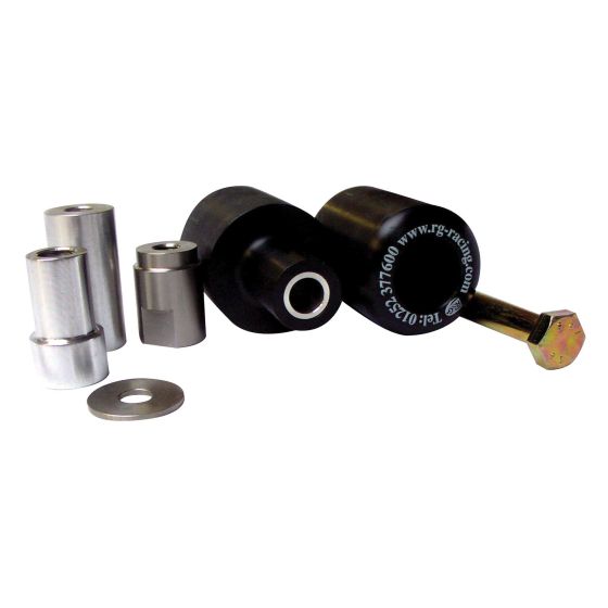 Black motorcycle crash protectors by R&G, featuring durable plastic construction, metal spacers, and a hex bolt, designed to enhance safety during falls.