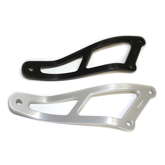 Black and silver R&G motorcycle exhaust hangers made of durable metal, featuring a sleek design with cut-out sections for lightweight performance.