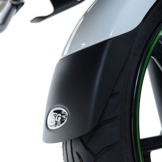 Black plastic fender extender with a smooth finish, featuring a prominent R&G logo, designed to enhance motorcycle protection and aesthetics.