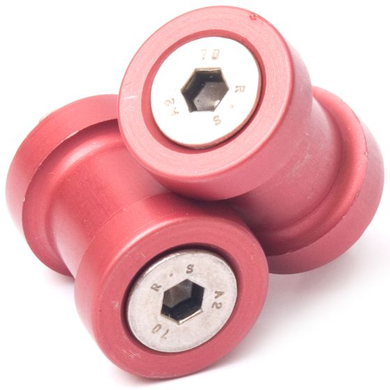 Red aluminum M10 paddock stand bobbins with hexagonal sockets, featuring a smooth finish and engraved markings for size and brand identification.