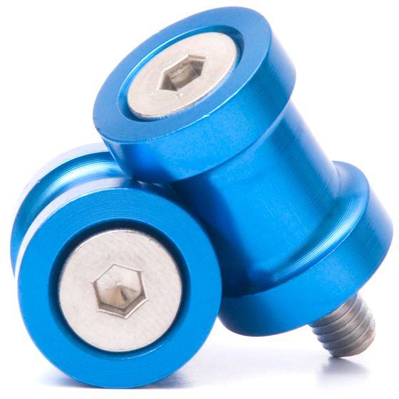 Blue anodized aluminum M6 paddock stand bobbins with a hexagonal socket for secure attachment, featuring a sleek, polished finish and rounded edges.