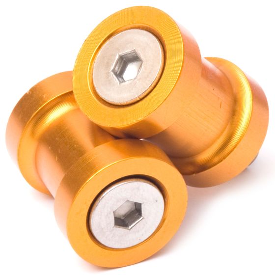 Gold M6 paddock stand bobbins made of aluminum, featuring a hexagonal center for easy installation and a sleek, polished finish for durability and style.