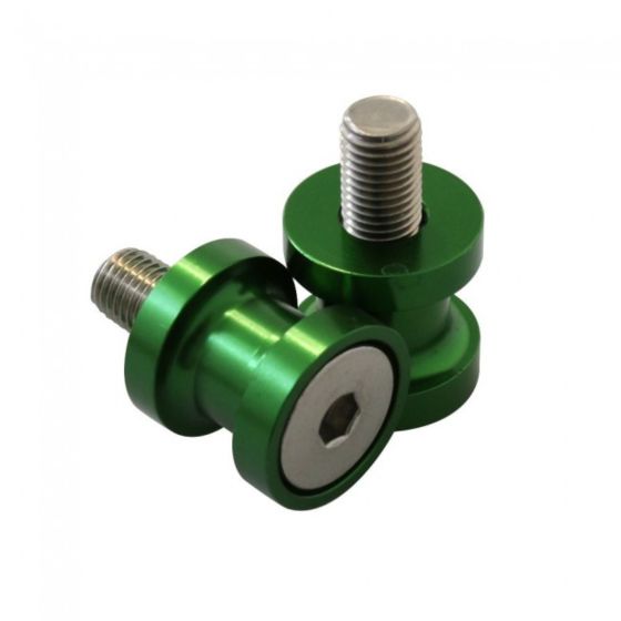 Green aluminum M8 paddock stand bobbins featuring a hexagonal socket and a smooth, rounded design for easy installation on motorcycles.