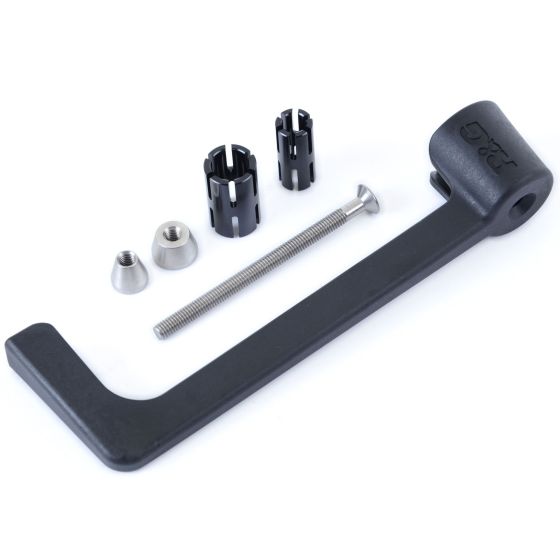R&G Motorcycle Moulded Lever Guard in black, featuring a sturdy design with a smooth finish, accompanied by mounting hardware including screws and spacers.