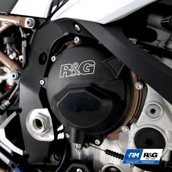 Black R&G Motorcycle PRO Engine Case Cover Kit featuring a sleek design, durable material, and prominent R&G logo, installed on a motorcycle engine with metallic components.