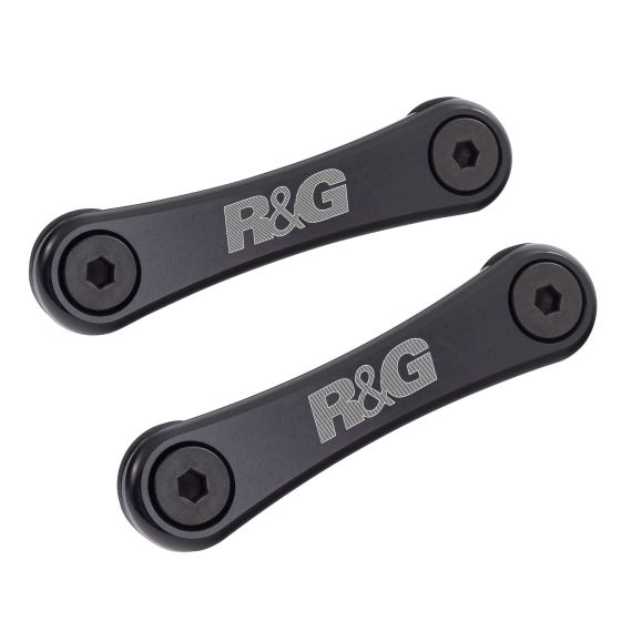 Black aluminum rear footrest blanking plate featuring a sleek, one-piece design with engraved R&G logo and hexagonal bolt holes for easy installation.