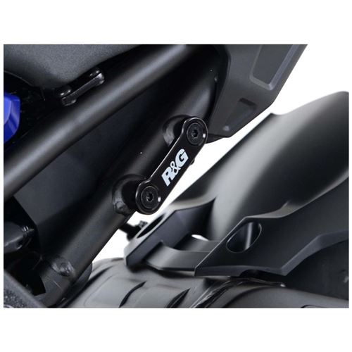 Black R&G motorcycle rear footrest blanking plate set, featuring two pieces, made of durable material, designed to cover unused footrest mounts for a sleek appearance.