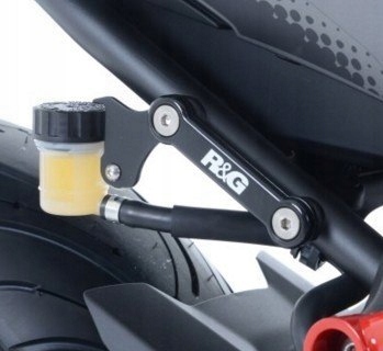 R&G Motorcycle Rear Footrest Blanking Plate Kit in black aluminum featuring a sleek design, with a yellow fluid reservoir and silver hardware for easy installation.
