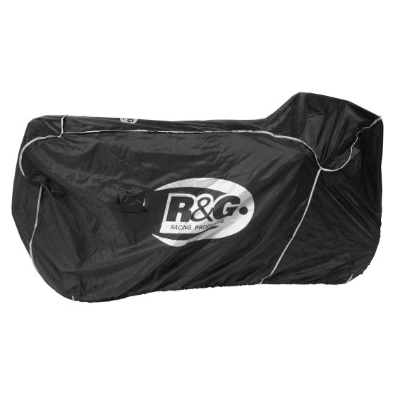 Black outdoor cover for adventure bikes by R&G, featuring a white logo and reflective trim, designed for weather protection and durability.