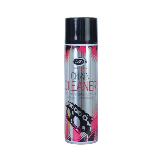 R&G Racing Gleam Chain Cleaner in a 500ml spray can, featuring a sleek black cap, vibrant pink and silver design, and bold red lettering stating "CHAIN CLEANER."