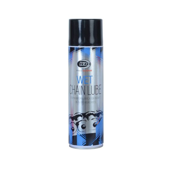 R&G Racing Wet Chain Lube in a 500ml aerosol can, featuring a sleek silver body with blue and black accents, labeled clearly with "WET CHAIN LUBE" in bold text.