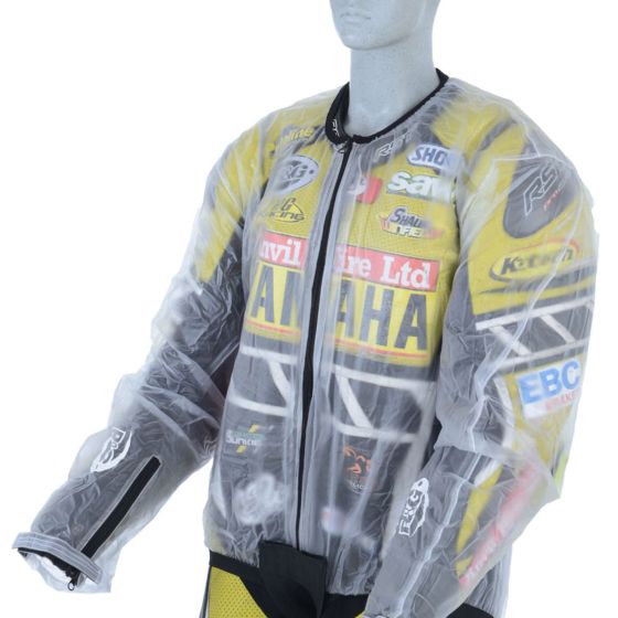 Clear waterproof rain jacket featuring a zip front, elastic cuffs, and a lightweight design, adorned with colorful sponsor logos and branding.