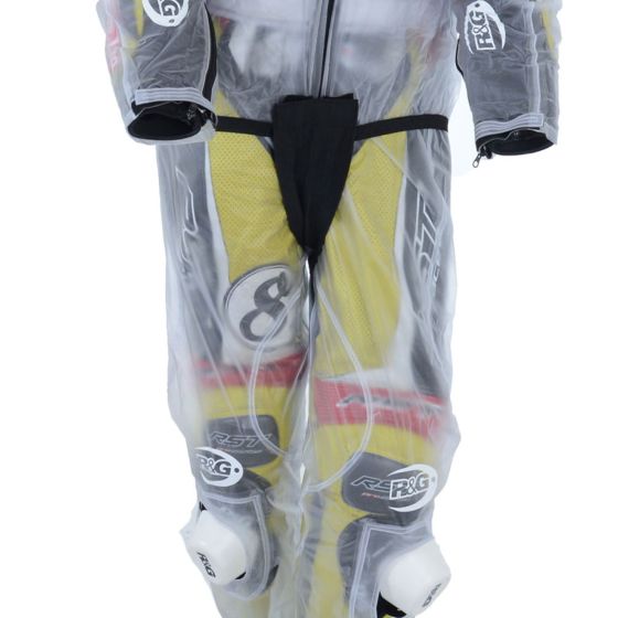 Clear waterproof rain trousers in XL size, featuring a lightweight, transparent material with black and yellow accents, designed for protection against wet weather.
