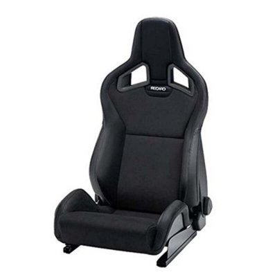 Black Recaro SPORTSTER CS racing seat featuring a sleek design, high side bolsters, and a fabric finish, ideal for enhanced support and style in performance vehicles.
