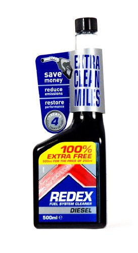 Redex Diesel Treatment in a 500ml black plastic bottle with a red label, featuring a blue cap and promotional tags highlighting emission reduction and performance restoration.