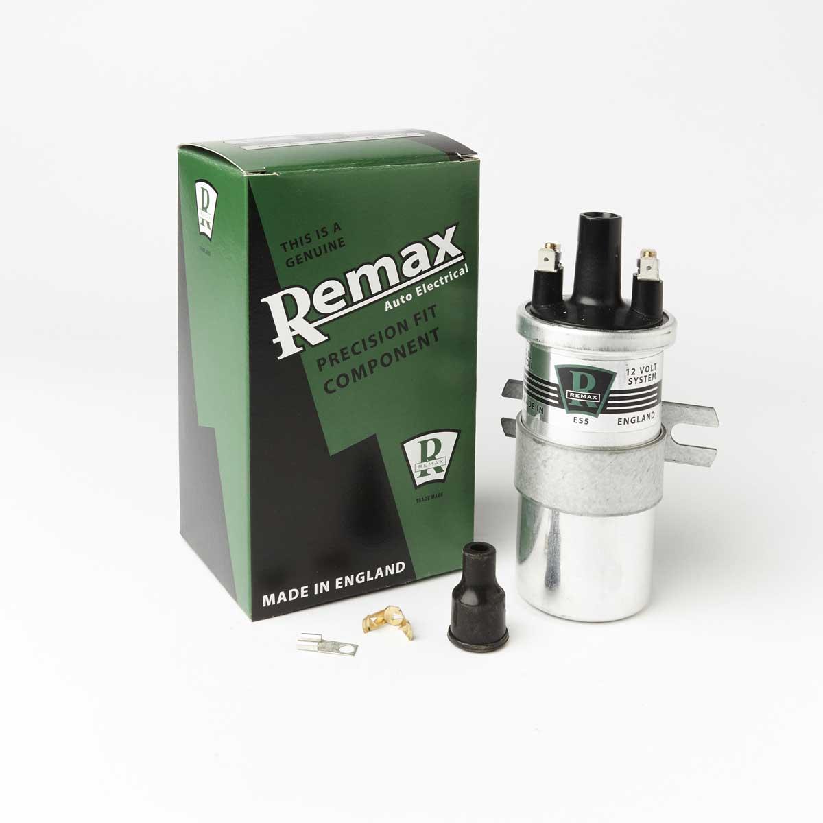 Remax ES5 Ignition 12V Coil in silver metal with black plastic top and connectors, packaged in a green and black box labeled "Remax" and "Made in England."