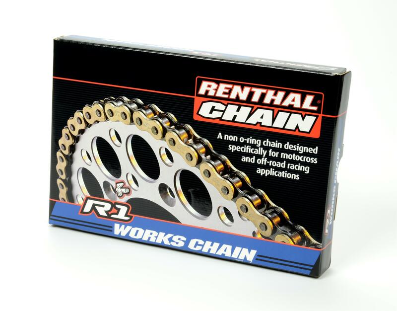 Black box featuring the "RENTHAL 420 R1 Works Drive Chain" with a gold and silver chain graphic, highlighting its design for motocross and off-road racing applications.