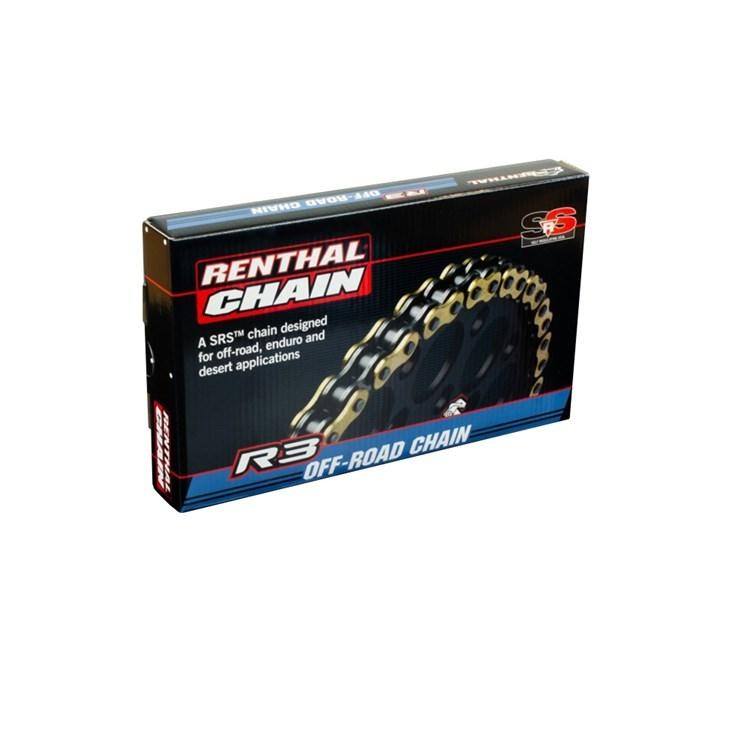 Black and gold Renthal R3 SRS chain packaging, featuring a detailed image of the chain, labeled for off-road, enduro, and desert applications, with a sleek design.