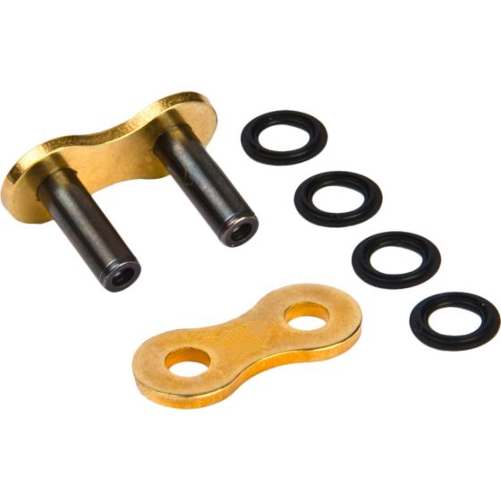 Gold and black Renthal 520 RR4 chain rivet link set, featuring a gold metal link and two black rubber O-rings for secure attachment.