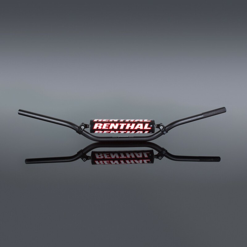 Black aluminum handlebars with a glossy finish, featuring a prominent red "RENTHAL" logo in the center, designed for 110cc mini pit bikes.