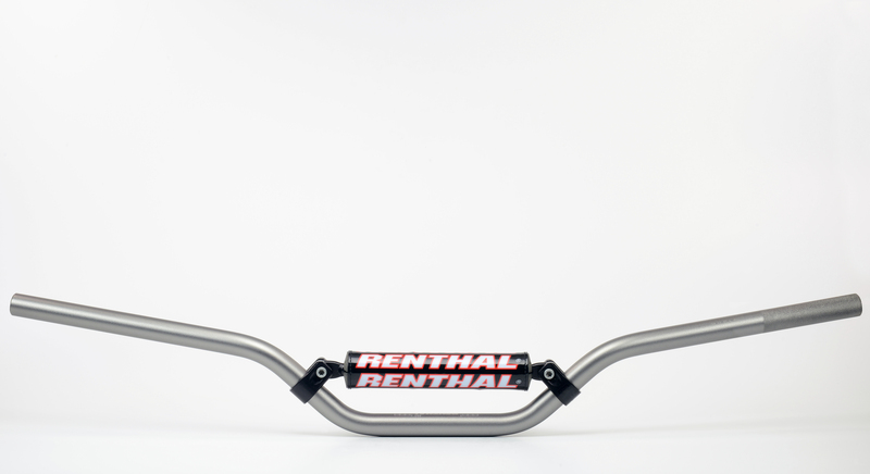 Silver aluminum handlebar with a 7/8" diameter, featuring a prominent red and black "RENTHAL" logo in the center and textured grips on the ends.