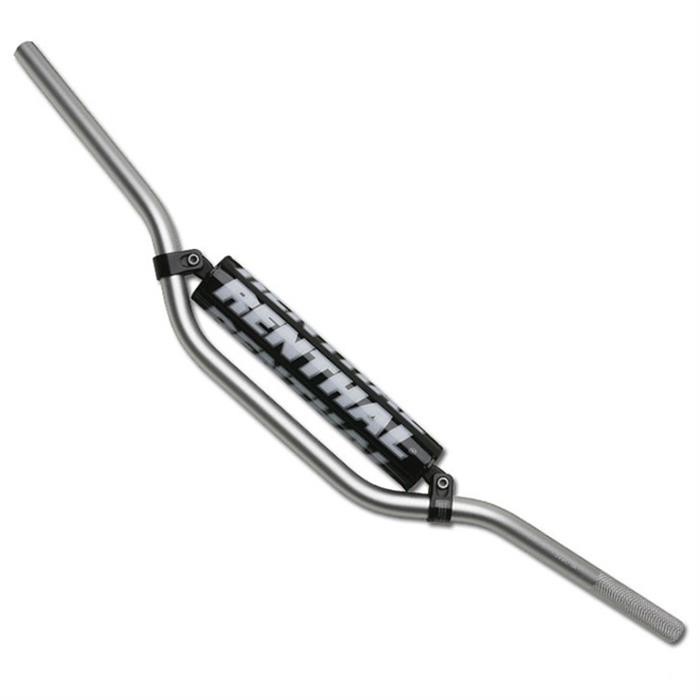 Silver aluminum handlebar with a medium rise, featuring a black and white "RENTHAL" logo in the center and two black clamps for secure attachment.