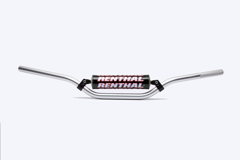 Silver Renthal 666 7/8 vintage/desert handlebars featuring a black center section with bold red "RENTHAL" branding and textured grips on each end.