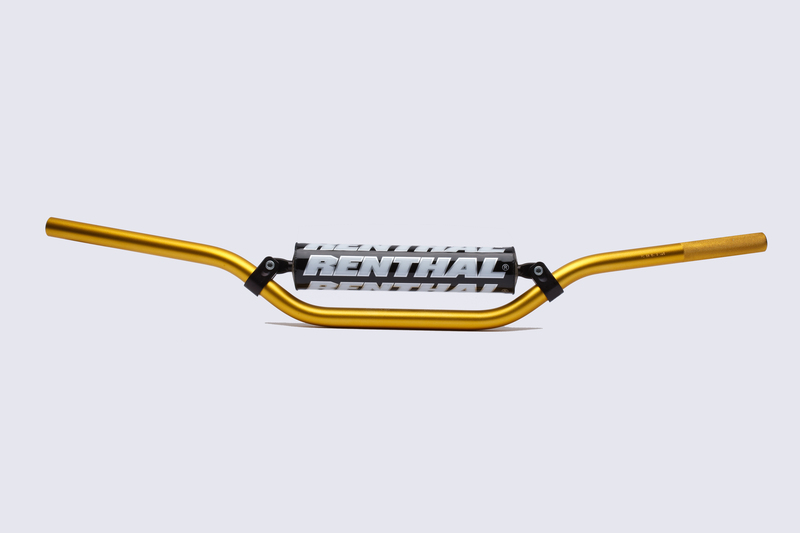 Gold aluminum handlebar with a black and white "RENTHAL" logo, designed for MX/Enduro, featuring a 7/8" diameter and a curved shape for improved grip and control.