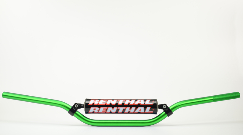 Green Renthal 971 7/8 RC Bend handlebars featuring a sturdy aluminum construction and prominent Renthal branding in red and black on the center section.